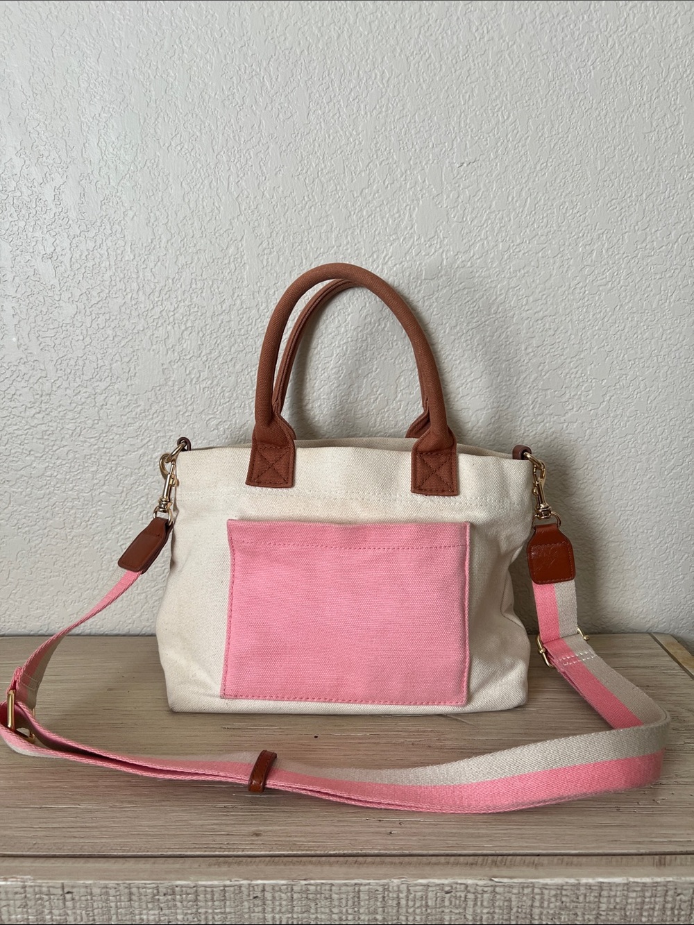 Universal Thread Cream Canvas Tote with Pink Pocket and Brown Trim